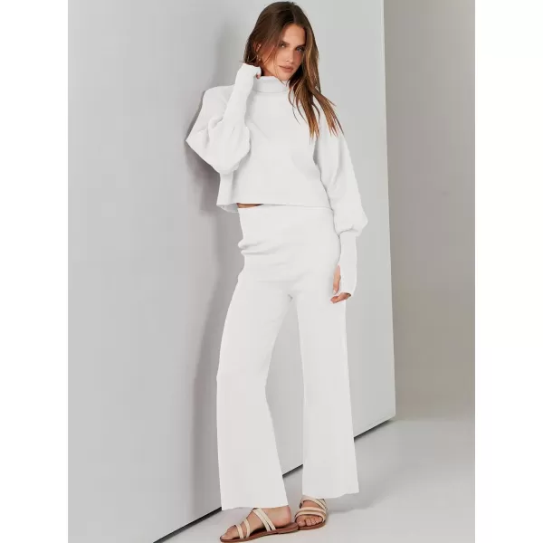 imageANRABESS Womens Two Piece Outfits Sweater Sets Long Sleeve Turtleneck Knit Crop Pullover and Wide Leg Pant Lounge SetsWhite
