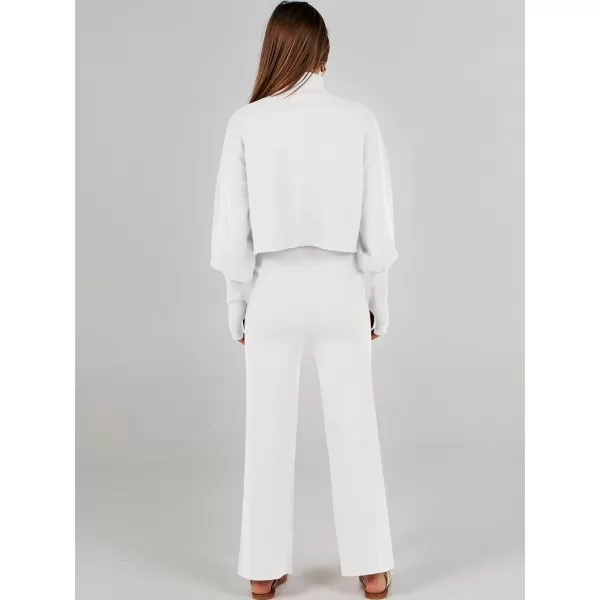 imageANRABESS Womens Two Piece Outfits Sweater Sets Long Sleeve Turtleneck Knit Crop Pullover and Wide Leg Pant Lounge SetsWhite