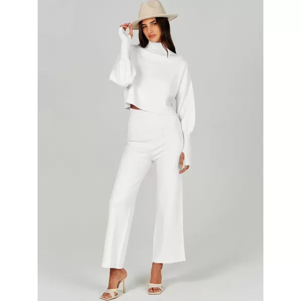 imageANRABESS Womens Two Piece Outfits Sweater Sets Long Sleeve Turtleneck Knit Crop Pullover and Wide Leg Pant Lounge SetsWhite