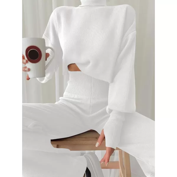 imageANRABESS Womens Two Piece Outfits Sweater Sets Long Sleeve Turtleneck Knit Crop Pullover and Wide Leg Pant Lounge SetsWhite