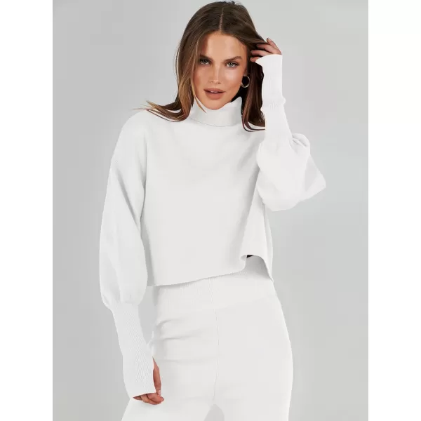 imageANRABESS Womens Two Piece Outfits Sweater Sets Long Sleeve Turtleneck Knit Crop Pullover and Wide Leg Pant Lounge SetsWhite