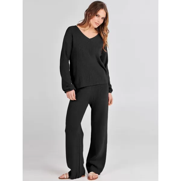 imageANRABESS Womens Two Piece Outfits Sweater Sets Long Sleeve V Neck Knit Pullover and Wide Leg Pants Lounge SetsBlack
