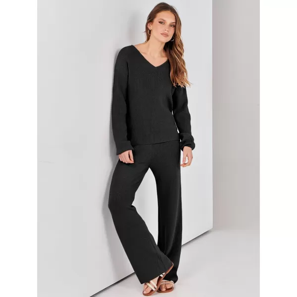 imageANRABESS Womens Two Piece Outfits Sweater Sets Long Sleeve V Neck Knit Pullover and Wide Leg Pants Lounge SetsBlack