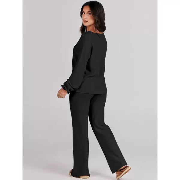 imageANRABESS Womens Two Piece Outfits Sweater Sets Long Sleeve V Neck Knit Pullover and Wide Leg Pants Lounge SetsBlack