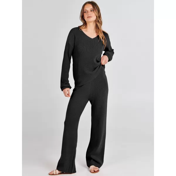 imageANRABESS Womens Two Piece Outfits Sweater Sets Long Sleeve V Neck Knit Pullover and Wide Leg Pants Lounge SetsBlack
