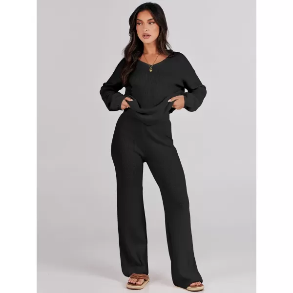 imageANRABESS Womens Two Piece Outfits Sweater Sets Long Sleeve V Neck Knit Pullover and Wide Leg Pants Lounge SetsBlack