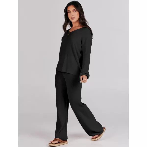 imageANRABESS Womens Two Piece Outfits Sweater Sets Long Sleeve V Neck Knit Pullover and Wide Leg Pants Lounge SetsBlack