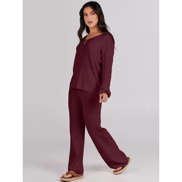 imageANRABESS Womens Two Piece Outfits Sweater Sets Long Sleeve V Neck Knit Pullover and Wide Leg Pants Lounge SetsBurgundy