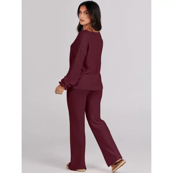 imageANRABESS Womens Two Piece Outfits Sweater Sets Long Sleeve V Neck Knit Pullover and Wide Leg Pants Lounge SetsBurgundy