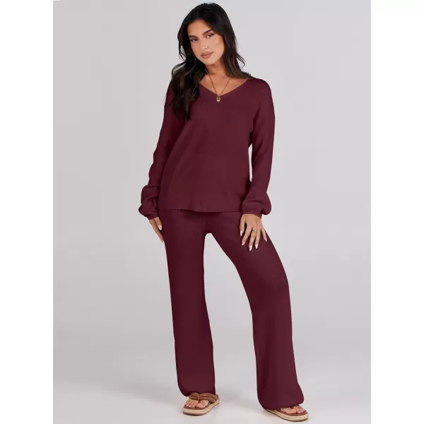 imageANRABESS Womens Two Piece Outfits Sweater Sets Long Sleeve V Neck Knit Pullover and Wide Leg Pants Lounge SetsBurgundy
