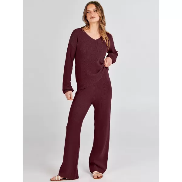 imageANRABESS Womens Two Piece Outfits Sweater Sets Long Sleeve V Neck Knit Pullover and Wide Leg Pants Lounge SetsBurgundy