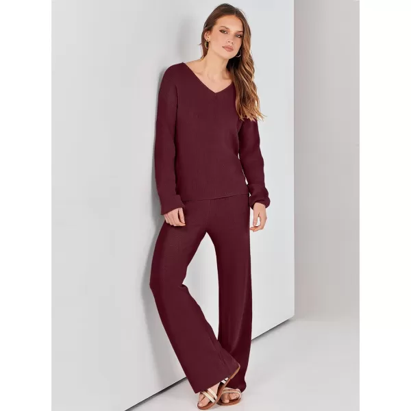 imageANRABESS Womens Two Piece Outfits Sweater Sets Long Sleeve V Neck Knit Pullover and Wide Leg Pants Lounge SetsBurgundy