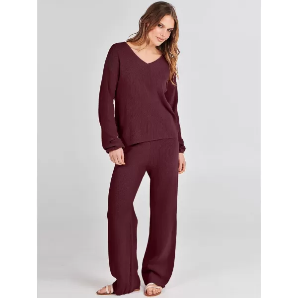 imageANRABESS Womens Two Piece Outfits Sweater Sets Long Sleeve V Neck Knit Pullover and Wide Leg Pants Lounge SetsBurgundy
