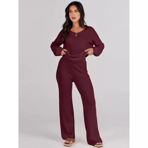 imageANRABESS Womens Two Piece Outfits Sweater Sets Long Sleeve V Neck Knit Pullover and Wide Leg Pants Lounge SetsBurgundy