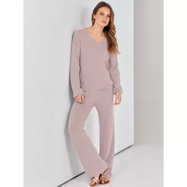 imageANRABESS Womens Two Piece Outfits Sweater Sets Long Sleeve V Neck Knit Pullover and Wide Leg Pants Lounge SetsCamel