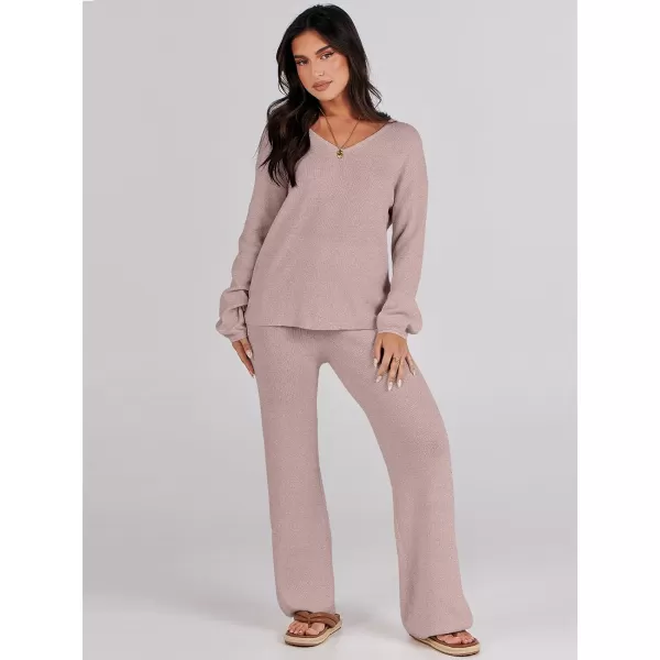 imageANRABESS Womens Two Piece Outfits Sweater Sets Long Sleeve V Neck Knit Pullover and Wide Leg Pants Lounge SetsCamel
