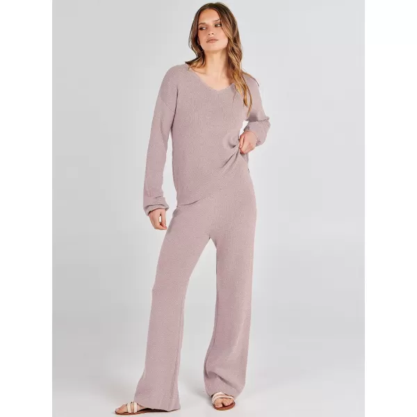 imageANRABESS Womens Two Piece Outfits Sweater Sets Long Sleeve V Neck Knit Pullover and Wide Leg Pants Lounge SetsCamel