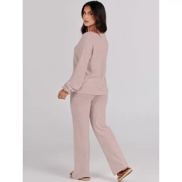 imageANRABESS Womens Two Piece Outfits Sweater Sets Long Sleeve V Neck Knit Pullover and Wide Leg Pants Lounge SetsCamel