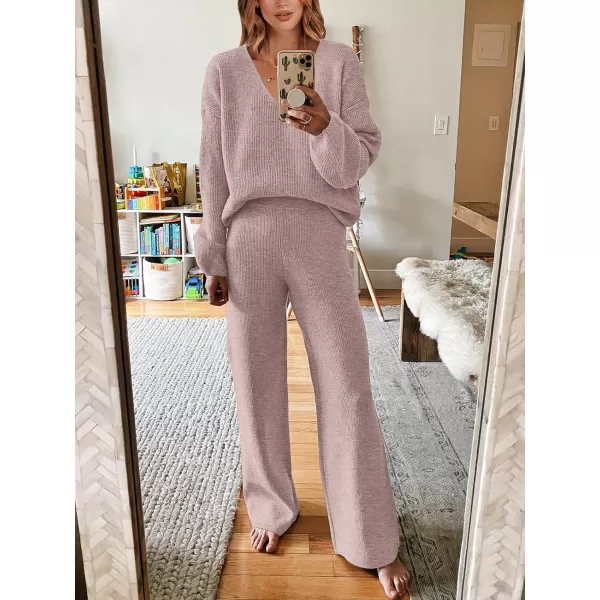 imageANRABESS Womens Two Piece Outfits Sweater Sets Long Sleeve V Neck Knit Pullover and Wide Leg Pants Lounge SetsCamel