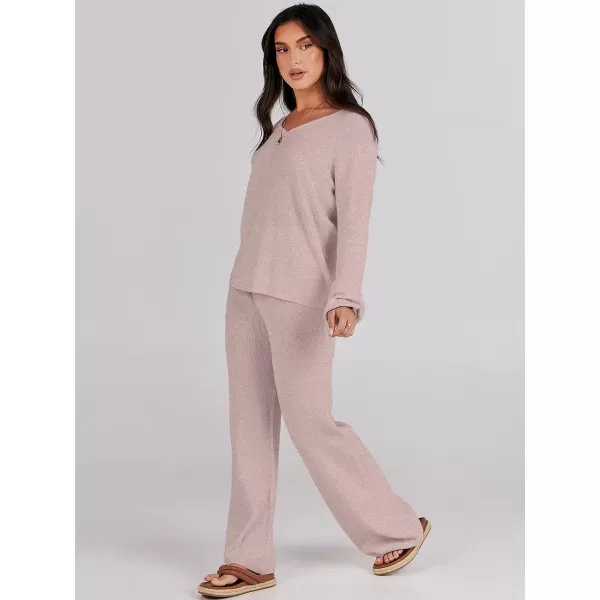 imageANRABESS Womens Two Piece Outfits Sweater Sets Long Sleeve V Neck Knit Pullover and Wide Leg Pants Lounge SetsCamel