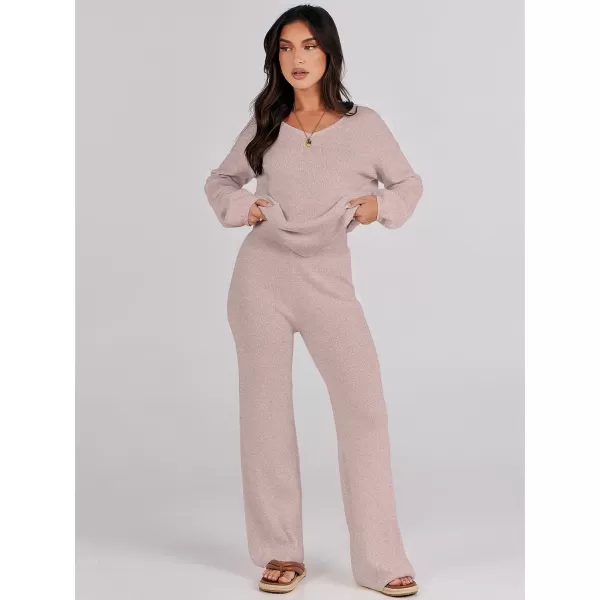 imageANRABESS Womens Two Piece Outfits Sweater Sets Long Sleeve V Neck Knit Pullover and Wide Leg Pants Lounge SetsCamel