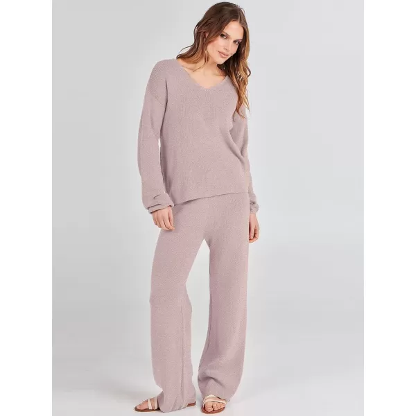 imageANRABESS Womens Two Piece Outfits Sweater Sets Long Sleeve V Neck Knit Pullover and Wide Leg Pants Lounge SetsCamel