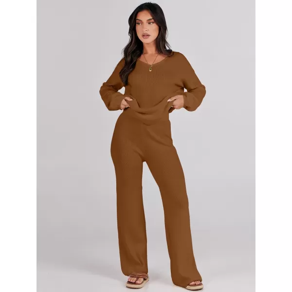 imageANRABESS Womens Two Piece Outfits Sweater Sets Long Sleeve V Neck Knit Pullover and Wide Leg Pants Lounge SetsCoffee