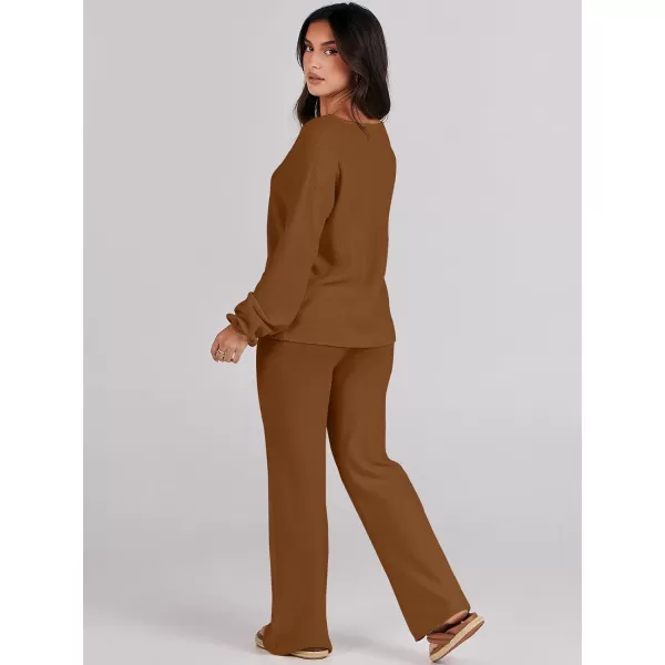 imageANRABESS Womens Two Piece Outfits Sweater Sets Long Sleeve V Neck Knit Pullover and Wide Leg Pants Lounge SetsCoffee