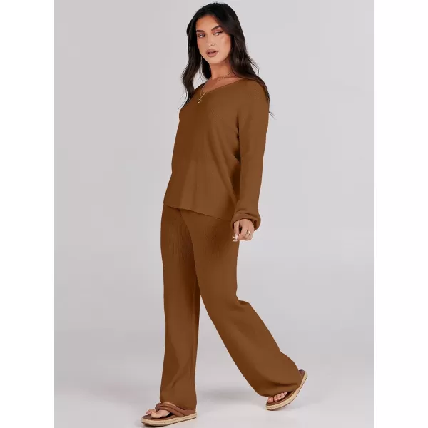 imageANRABESS Womens Two Piece Outfits Sweater Sets Long Sleeve V Neck Knit Pullover and Wide Leg Pants Lounge SetsCoffee