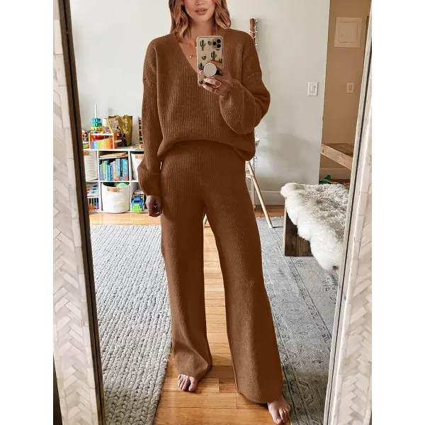 imageANRABESS Womens Two Piece Outfits Sweater Sets Long Sleeve V Neck Knit Pullover and Wide Leg Pants Lounge SetsCoffee
