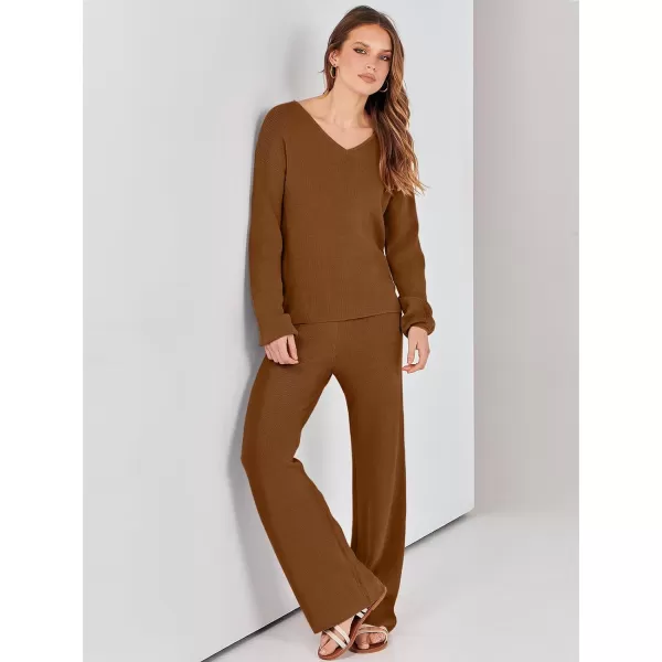 imageANRABESS Womens Two Piece Outfits Sweater Sets Long Sleeve V Neck Knit Pullover and Wide Leg Pants Lounge SetsCoffee