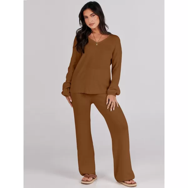 imageANRABESS Womens Two Piece Outfits Sweater Sets Long Sleeve V Neck Knit Pullover and Wide Leg Pants Lounge SetsCoffee
