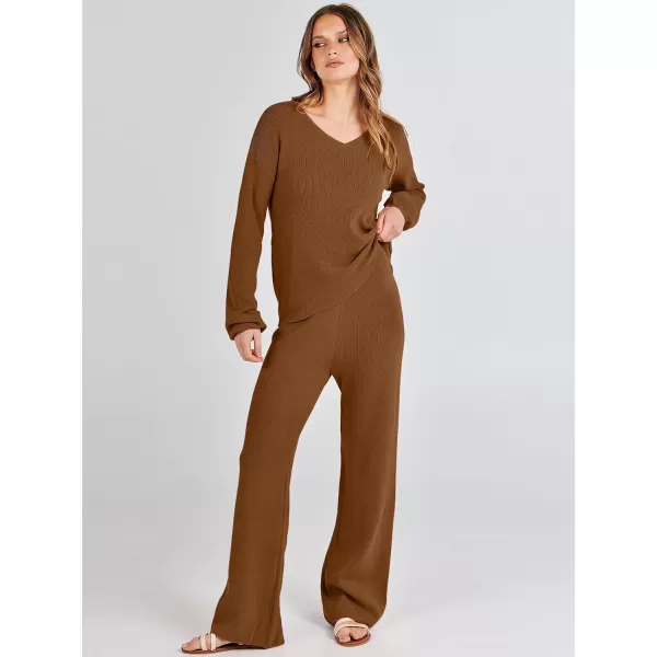 imageANRABESS Womens Two Piece Outfits Sweater Sets Long Sleeve V Neck Knit Pullover and Wide Leg Pants Lounge SetsCoffee