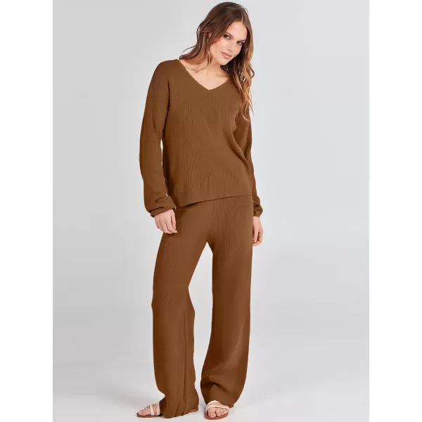 imageANRABESS Womens Two Piece Outfits Sweater Sets Long Sleeve V Neck Knit Pullover and Wide Leg Pants Lounge SetsCoffee