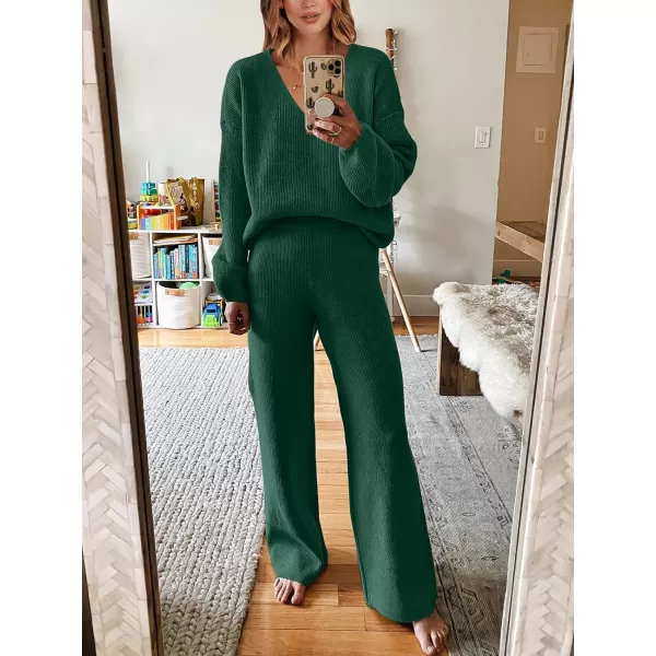 imageANRABESS Womens Two Piece Outfits Sweater Sets Long Sleeve V Neck Knit Pullover and Wide Leg Pants Lounge SetsDark Green