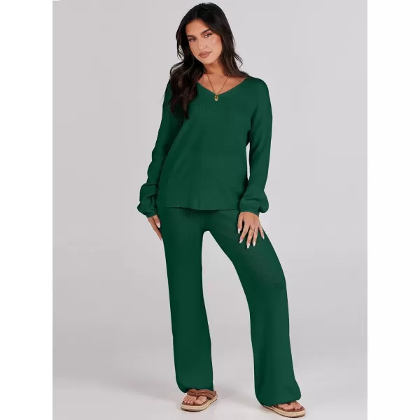 imageANRABESS Womens Two Piece Outfits Sweater Sets Long Sleeve V Neck Knit Pullover and Wide Leg Pants Lounge SetsDark Green