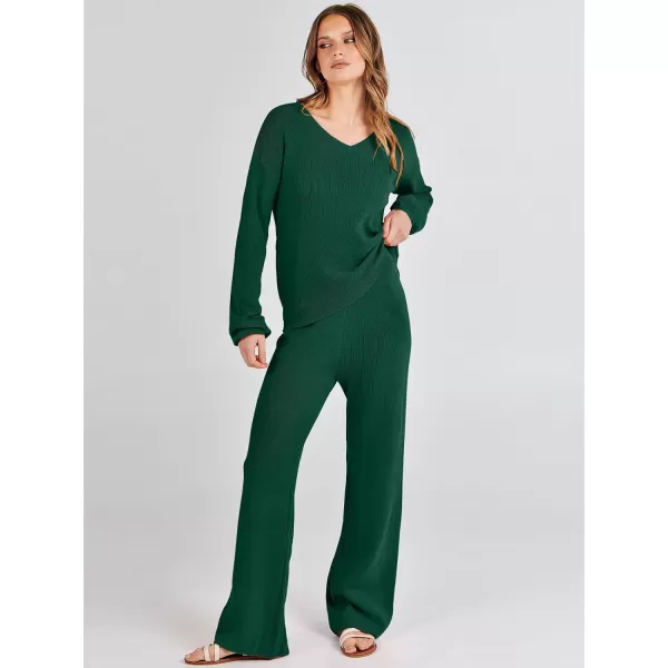 imageANRABESS Womens Two Piece Outfits Sweater Sets Long Sleeve V Neck Knit Pullover and Wide Leg Pants Lounge SetsDark Green
