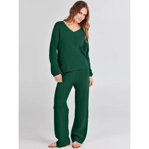 imageANRABESS Womens Two Piece Outfits Sweater Sets Long Sleeve V Neck Knit Pullover and Wide Leg Pants Lounge SetsDark Green