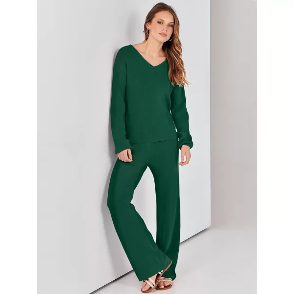 imageANRABESS Womens Two Piece Outfits Sweater Sets Long Sleeve V Neck Knit Pullover and Wide Leg Pants Lounge SetsDark Green