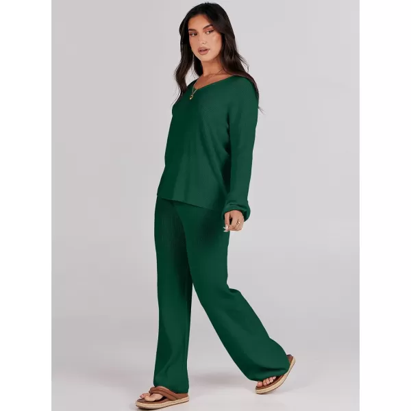imageANRABESS Womens Two Piece Outfits Sweater Sets Long Sleeve V Neck Knit Pullover and Wide Leg Pants Lounge SetsDark Green