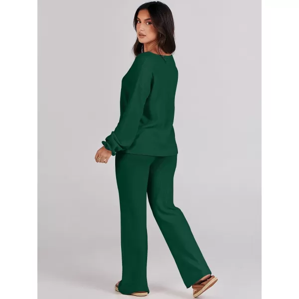 imageANRABESS Womens Two Piece Outfits Sweater Sets Long Sleeve V Neck Knit Pullover and Wide Leg Pants Lounge SetsDark Green