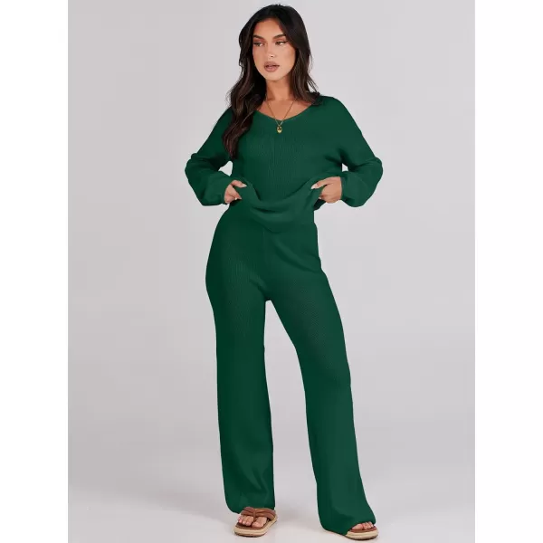 imageANRABESS Womens Two Piece Outfits Sweater Sets Long Sleeve V Neck Knit Pullover and Wide Leg Pants Lounge SetsDark Green