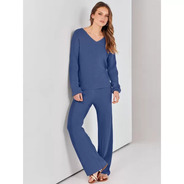imageANRABESS Womens Two Piece Outfits Sweater Sets Long Sleeve V Neck Knit Pullover and Wide Leg Pants Lounge SetsDeep Blue
