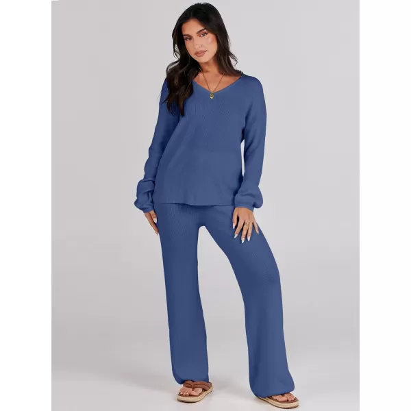 imageANRABESS Womens Two Piece Outfits Sweater Sets Long Sleeve V Neck Knit Pullover and Wide Leg Pants Lounge SetsDeep Blue