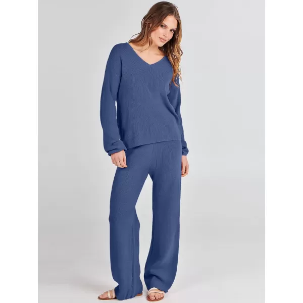 imageANRABESS Womens Two Piece Outfits Sweater Sets Long Sleeve V Neck Knit Pullover and Wide Leg Pants Lounge SetsDeep Blue