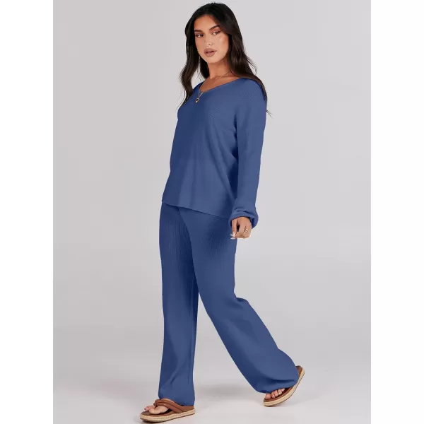 imageANRABESS Womens Two Piece Outfits Sweater Sets Long Sleeve V Neck Knit Pullover and Wide Leg Pants Lounge SetsDeep Blue