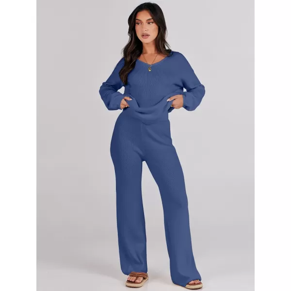 imageANRABESS Womens Two Piece Outfits Sweater Sets Long Sleeve V Neck Knit Pullover and Wide Leg Pants Lounge SetsDeep Blue