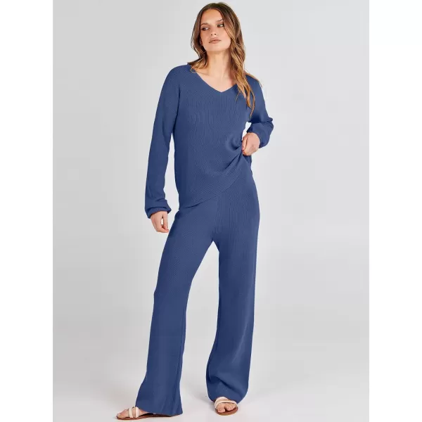 imageANRABESS Womens Two Piece Outfits Sweater Sets Long Sleeve V Neck Knit Pullover and Wide Leg Pants Lounge SetsDeep Blue