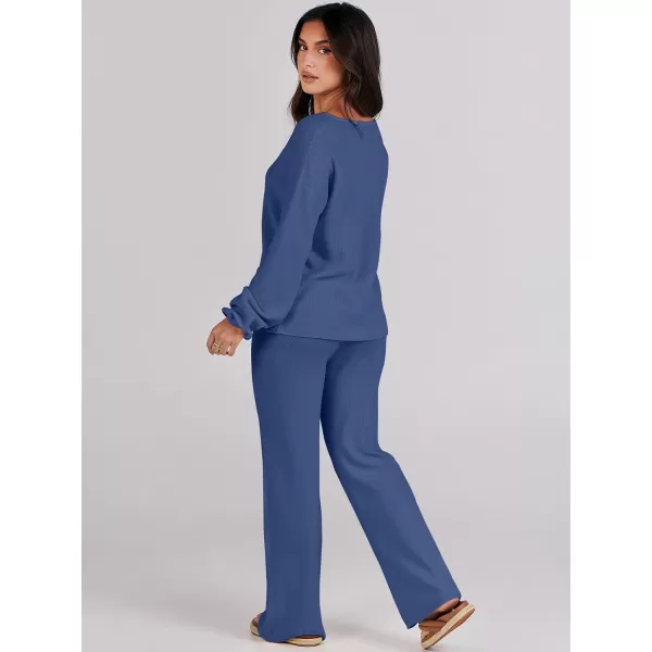 imageANRABESS Womens Two Piece Outfits Sweater Sets Long Sleeve V Neck Knit Pullover and Wide Leg Pants Lounge SetsDeep Blue