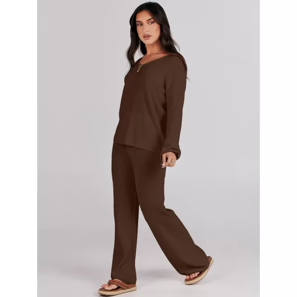imageANRABESS Womens Two Piece Outfits Sweater Sets Long Sleeve V Neck Knit Pullover and Wide Leg Pants Lounge SetsDeep Brown